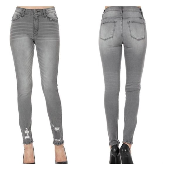 Kancan Womens Slim Skinny Jeans Gray Distressed Light Wash Mid Rise Denim 1/24 - Picture 1 of 8